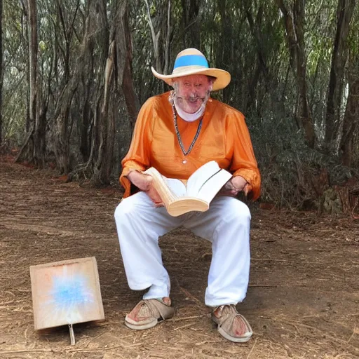 Image similar to Aussie opal hunter Greg The Bishop sat on the dunny reading Shakespeare