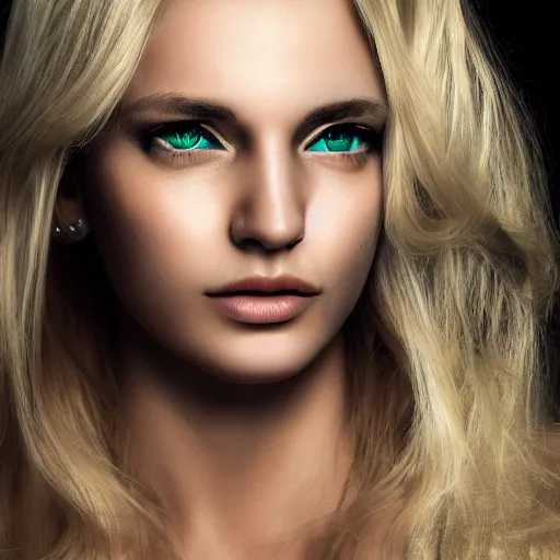Prompt: A beautiful woman with blonde hair and green emerald color eyes and small face no makeup, full body portrait, highly detailed, excellent composition, dramatic lighting, realistic 4k