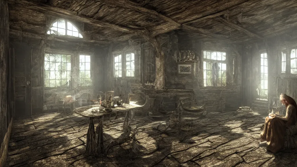 Prompt: a witch sitting in the shadows on the inside of a decrepit cottage, highly detailed interior, hyperrealistic, Cryengine 8k UHD