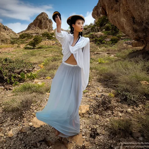 Image similar to beautiful oriental girl walks around Socotra among endemic plants, flowers and snags in a long transparent flowing dress and meets mystical animals, mystical insects, mystical birds, lizards, snakes, gorgeous, Atmosphere, hypnotic dimensions, mythology, Rococo, photorealism, in the style of Jin Kagetsu, James Jean and wlop, Valentin Serov style, Hieronymus Bosch style, Zdzislaw Beksinski style, hyperrealistic, sharp focus, intricate concept art, digital painting, ambient lighting, 4k, hdt, artstation trending on Gsociety, trending on ArtstationHQ, trending on deviantart, professionally post-processed, wide-angle action dynamic portraithyperdetailed, hyper quality, 16K