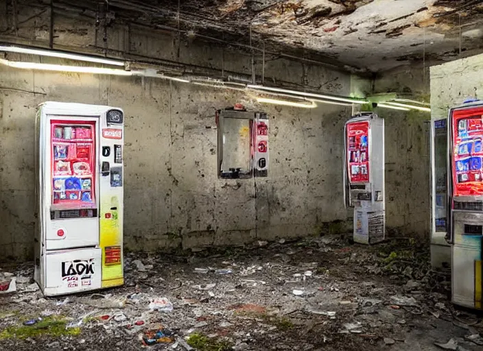 Image similar to an abandoned industrial basement lit by a lone vending machine selling GAK, unsettling image