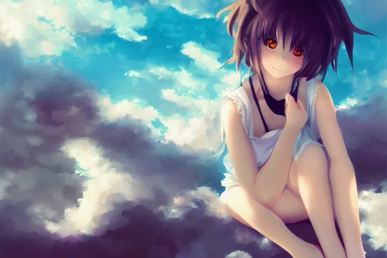 Image similar to a cute anime girl sitting on a cloud, digital painting, anime, portrait