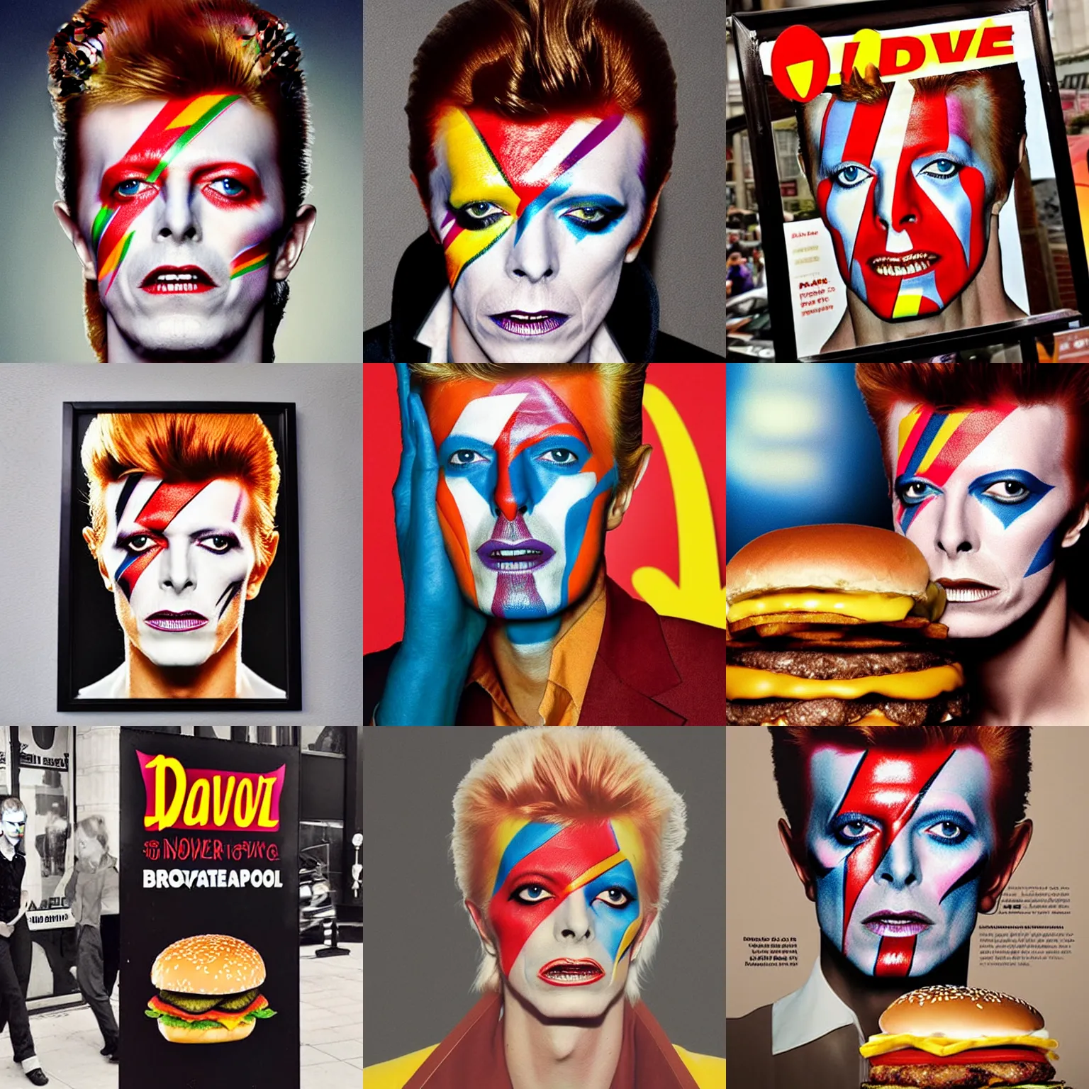 Prompt: Promotional Poster for the new David Bowie facepaint burger and fries at McDonalds