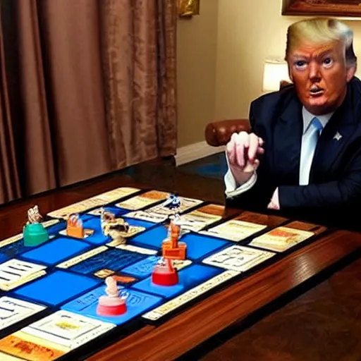 Prompt: Bored Donald Trump playing board games znd not having fun