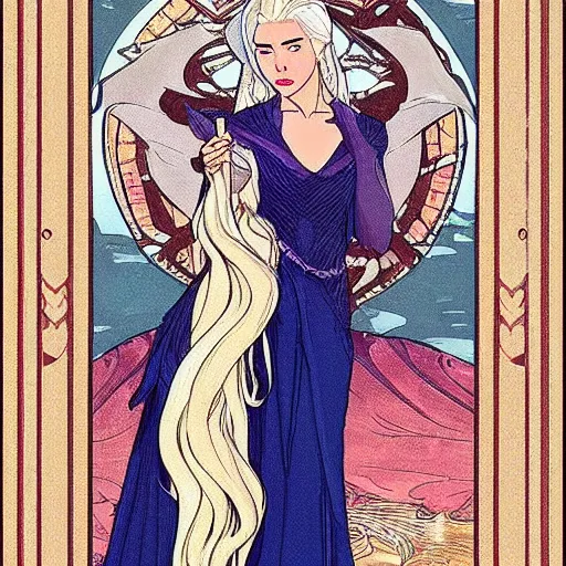 Image similar to ann heche as daenerys targaryen, mucha style,