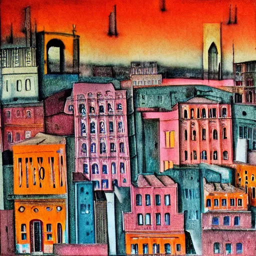 Image similar to by dora carrington defined. photograph. a cityscape. the different colors & shapes represent different parts of the city.