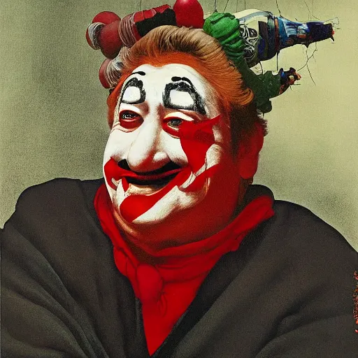 Prompt: Portrait John Goodman wearing a clown costume whilst juggling a red orb standing atop a skyscraper takato yamamoto greg rutkowski chris cold andrew wyeth niel welliver peter doig giorgio de chirico mark ryden jamie wyeth victo ngai