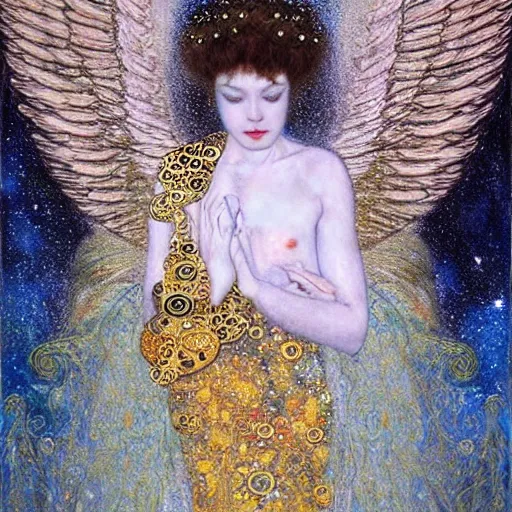 Image similar to dreamy angel, in the cosmos, 🌫🌌 intricate long shelve robes, intricate detail, klimt, royo,