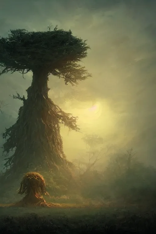 Prompt: a beautiful terrifying tree monster looms over a tiny human in an epic location at dawn, ethereal fantasy art by greg rutkowski