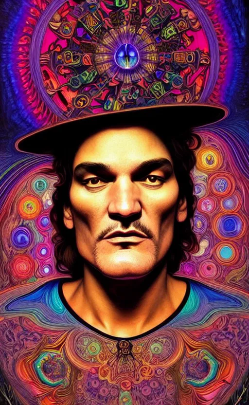 Prompt: An extremely psychedelic celestial quentin tarantino in his black fedora hat, colorful, surreal, dramatic lighting, magic mushrooms, psilocybin, LSD, face, detailed, intricate, elegant, highly detailed, digital painting, artstation, concept art, smooth, sharp focus, illustration, art by Krenz Cushart and Artem Demura and alphonse mucha