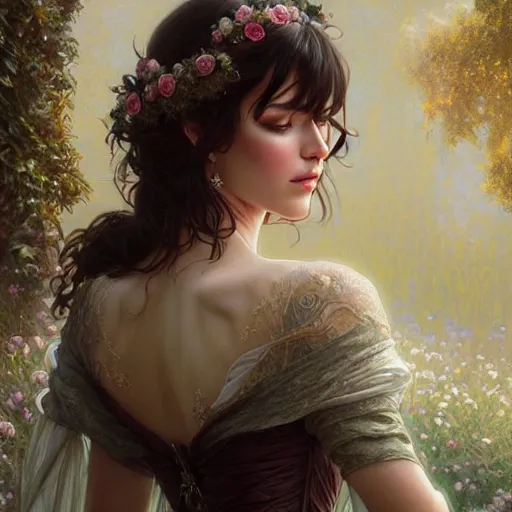 Image similar to a beautiful girl with dark hair and bangs, wearing a wedding dress, royal gardens background, fantasy, intricate, elegant, highly detailed, digital painting, artstation, concept art, matte, sharp focus, illustration, art by Artgerm and Greg Rutkowski and Alphonse Mucha