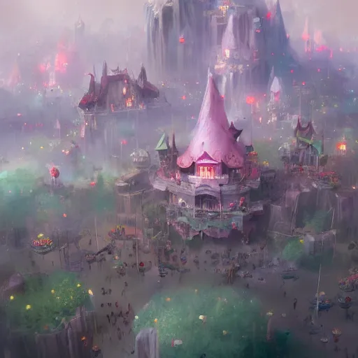 Image similar to overpopulated gnome city by Ruan Jia, Peter Morhbacher, rendered in hyperdetailed Ultra HD, trending on ArtStation, luminous, cute gnomes everywhere, pastel colors