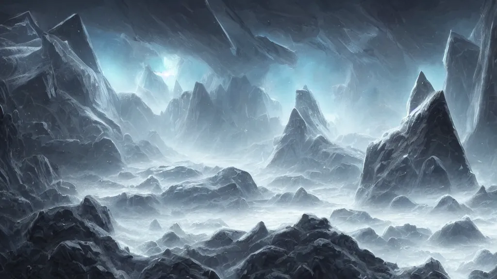 Prompt: highly detailed digital painting of various pieces of shattered geometry hovering in the sky above an icy chasm, in the background is a large black obelisk covered in glowing runes, fantasy art, cinematic concept art, award-winning art, detailed matte painting