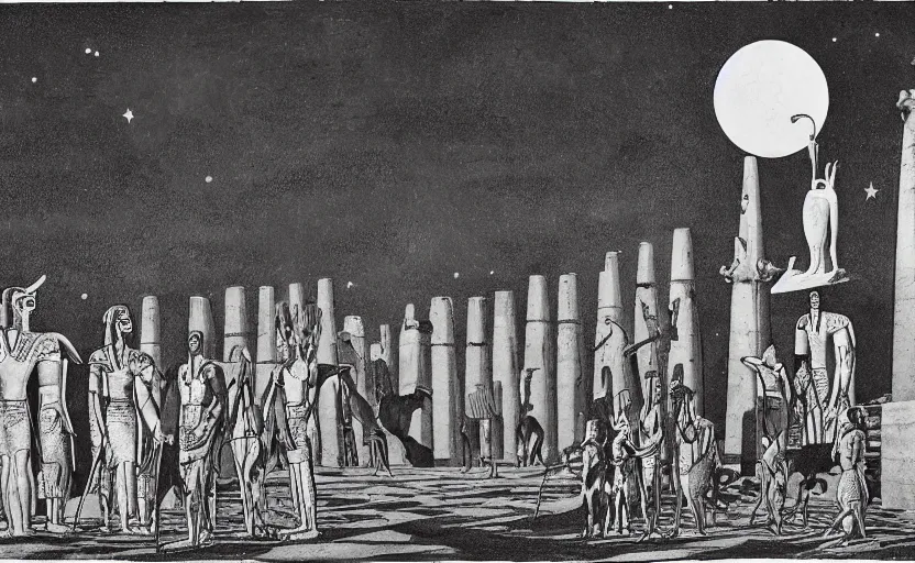 Image similar to a cinematic scene of egyptian gods with animal heads, having a ceremony in a moonlit temple in karnak