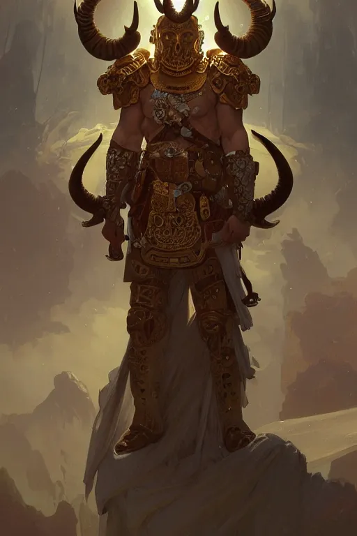 Image similar to full figure beautiful young fit antrophomorphic male ram, great horns, dressed in an armor made of skulls, luminous scene, by greg rutkowski and alphonse mucha, d & d character, gradient yellow to red, in hell, highly detailed portrait, digital painting, artstation, concept art, smooth, sharp focus illustration, artstation hq