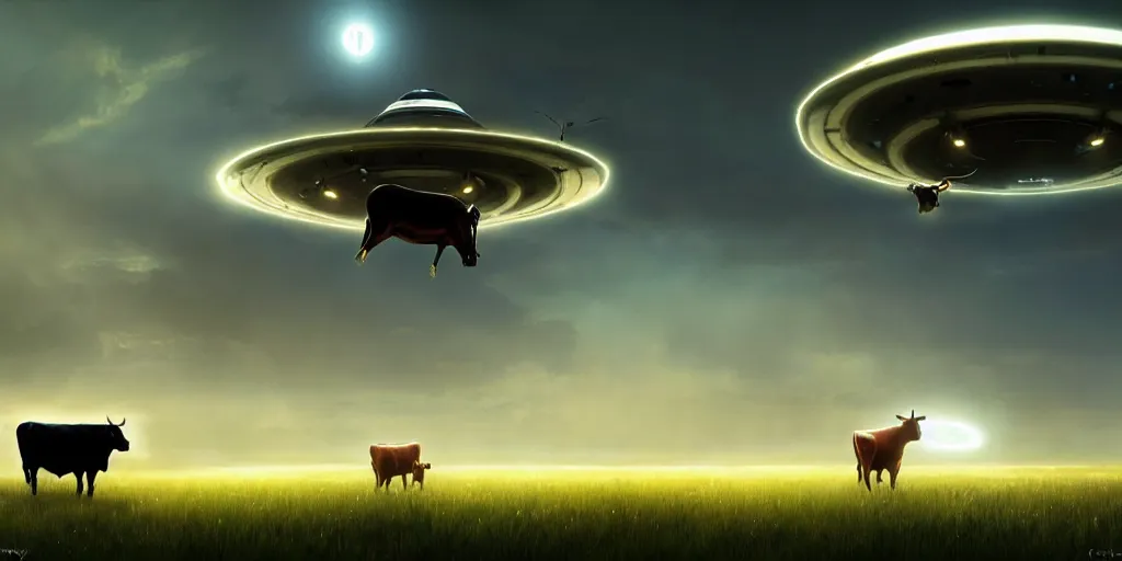 Image similar to a beautiful ufo abducting a cow from a field, digital art, landscape, fantasy art, octane render, unreal engine, high detail, very realistic, by greg rutkowski. by james gurney