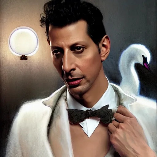 Image similar to hyperrealistic portrait of a man as jeff goldblum posing to noir moon in a white swan dress wearing sapphire jewellery with long feather collar by jeremy mann and alphonse mucha, fantasy art, photo realistic, dynamic lighting, artstation, poster, volumetric lighting, very detailed faces, 4 k, award winning