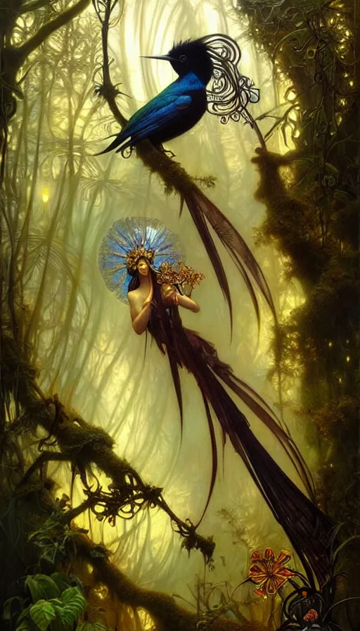 Image similar to consciousness concept art, lush forest, magic, gnarly details, paradise flycatcher, gold, gems, dramatic lighting, denoised, painted by tom bagshaw, alphonse mucha
