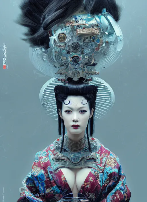 Image similar to portrait of a sensual cyberpunk geisha cyborg with headpiece, imari, modern fine art, fractal, in the style of ghosts in the shell, intricate ornaments, elegant, highly detailed, digital photography, subsurface scattering, by mc escher and greg rutkowski,