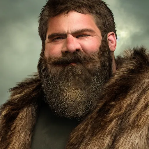 Image similar to fantasy middle - aged burly lumberjack with a beard, dungeons and dragons, realistic, dark hair, wearing a fur coat, high quality matte painting