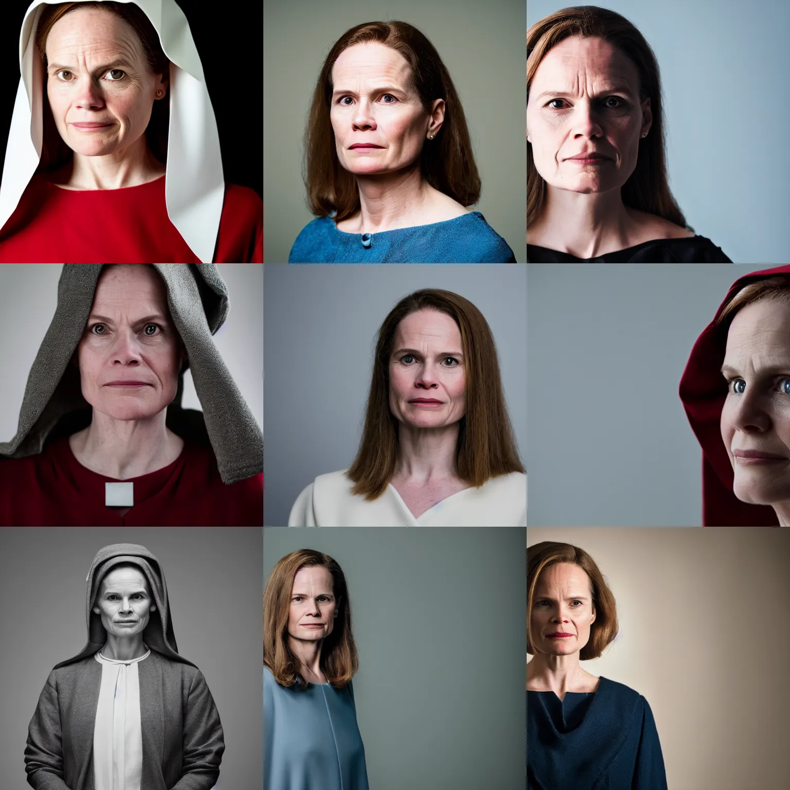 Image similar to Portrait photo of Amy Coney Barrett as a character in movie The Handmaid's Tale, studio lighting, 85mm f/1.4