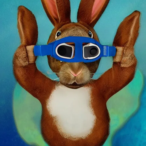Prompt: a rabbit wearing a snorkel and diving mask