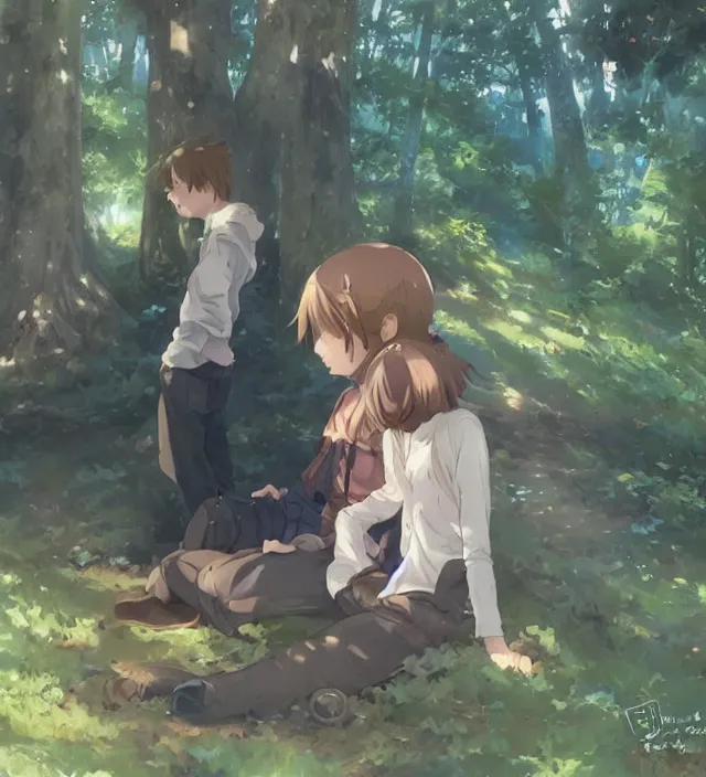 Image similar to a close up of a boy and a girl sitting together in a forest. cute anime eyes. by makoto shinkai, stanley artgerm lau, wlop, rossdraws, james jean, andrei riabovitchev, marc simonetti, krenz cushart, sakimichan, trending on artstation, digital art.