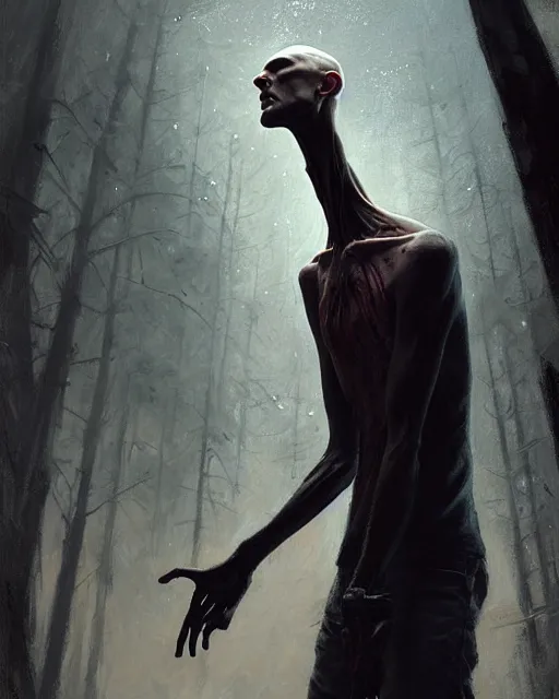 Image similar to epic portrait cinematic shot an skinny tall creature with long arms, long neck, bald, covered in dark substance, fine details. night setting. realistic shaded lighting poster by craig mullism, artgerm, jeremy lipkin and michael garmash, unreal engine, radiant light, detailed and intricate environment, digital art, trending on art station,