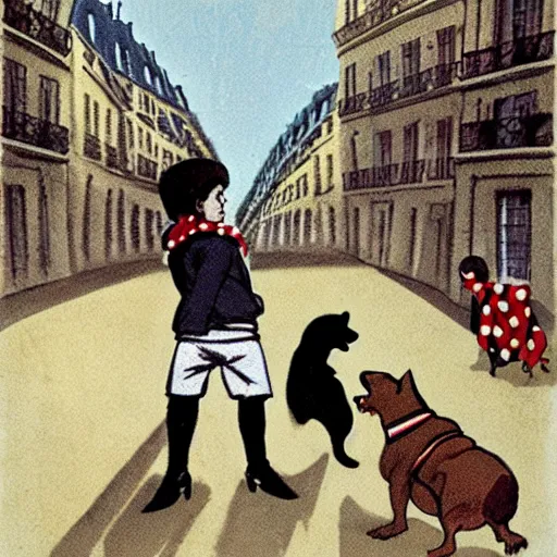 Image similar to book illustration of a french boy on the streets of paris playing football against a corgi, the dog is wearing a polka dot scarf, 1 9 6 6