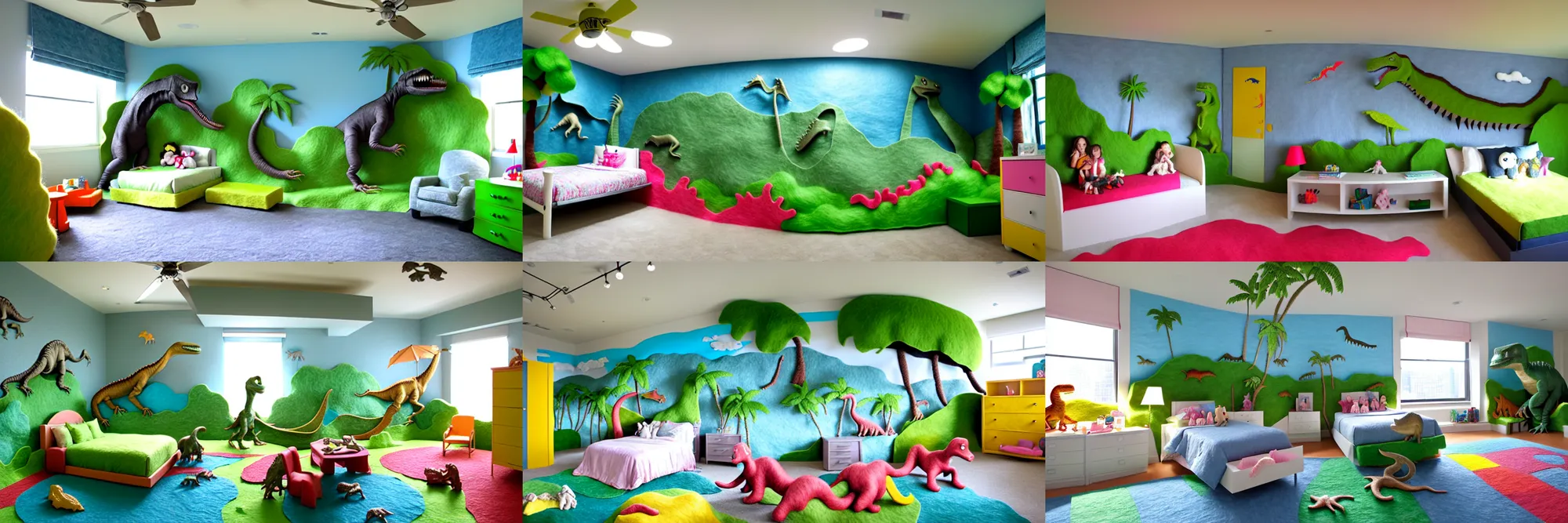 Prompt: premium children's bedroom design, inspired by jurassic park, made of pastel felt, chicago, shanghai, penthouse