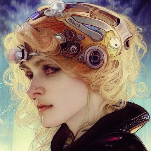 Prompt: realistic detailed face portrait of female ice hockey player with high tech helmet and blonde hair by Alphonse Mucha, Ayami Kojima, Amano, Charlie Bowater, Karol Bak, Greg Hildebrandt, Jean Delville, and Mark Brooks, Space Nouveau, Neo-Futuristic, cyberpunk, rich deep moody colors