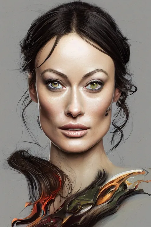 Image similar to a professionally painted portrait of Olivia Wilde, clothed in flames, olive skin, long dark hair, beautiful bone structure, symmetrical facial features, intricate, elegant, digital painting, trending on Artstation, concept art, smooth, sharp focus, illustration, from Metal Gear by Ruan Jia and Mandy Jurgens and Artgerm and William-Adolphe Bouguerea, award winning