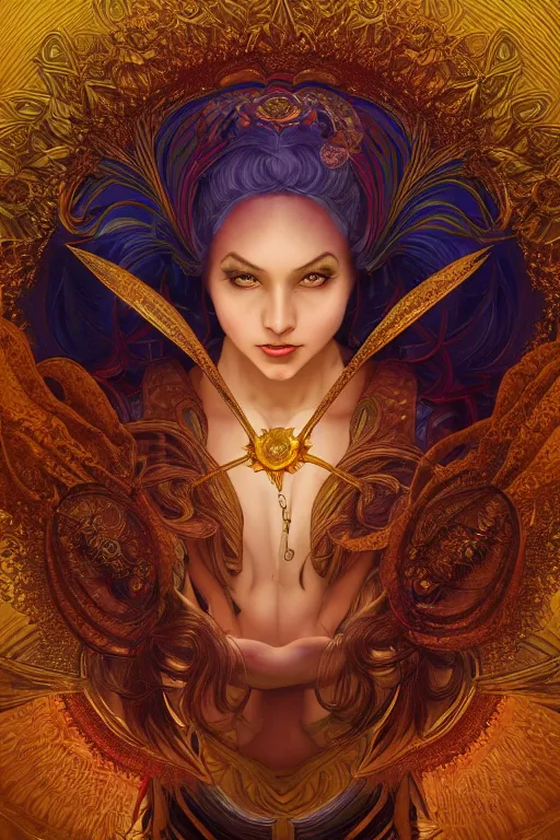 Prompt: portrait of a beautiful sorceress by artgerm, mandala, rococo, vivid color, complementary color, golden ratio, detailed, sharp lines, sharp focus, intricate, rainbowshift, by maxfield parrish, by peter mohrbacher, by gustave dore, by alphonse mucha, deviantart, octane render