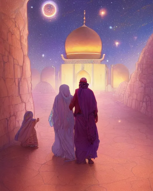 Image similar to bedouin man and woman and child in galaxy walking towards mosque surrounded by nebula, highly detailed, gold filigree, romantic storybook fantasy, soft cinematic lighting, award, disney concept art watercolor illustration by mandy jurgens and alphonse mucha and alena aenami, pastel color palette, featured on artstation