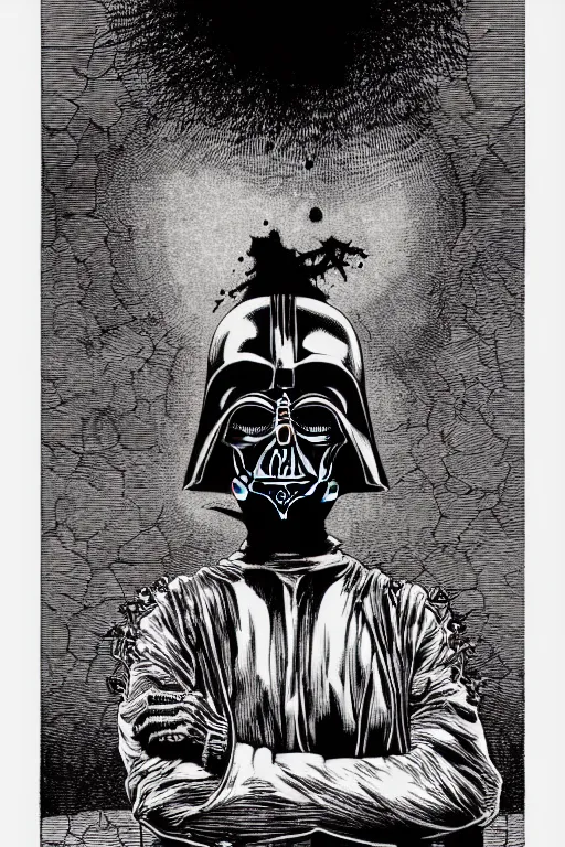 Image similar to horror death darth vader laurie greasley and rene magritte, etching by gustave dore, intricate, sharp focus, illustration, highly detailed, digital painting, concept art, masterpiece