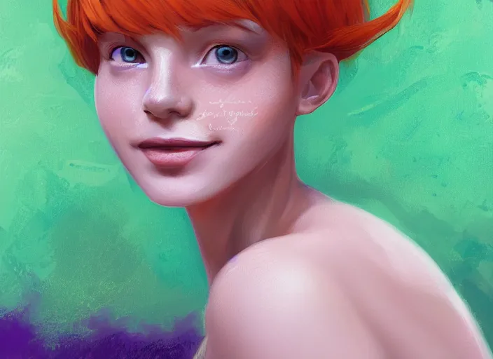 Prompt: portrait of a beautiful smiling girl with orange hair and freckles, green eyes, highly detailed, digital painting, style by Lera Kiryakova artstation, concept art, smooth, sharp, focus, illustration. background is purple