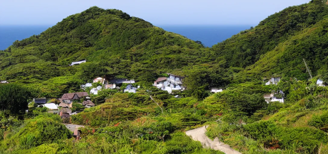 Image similar to studio ghibli hilly countryside and ocean