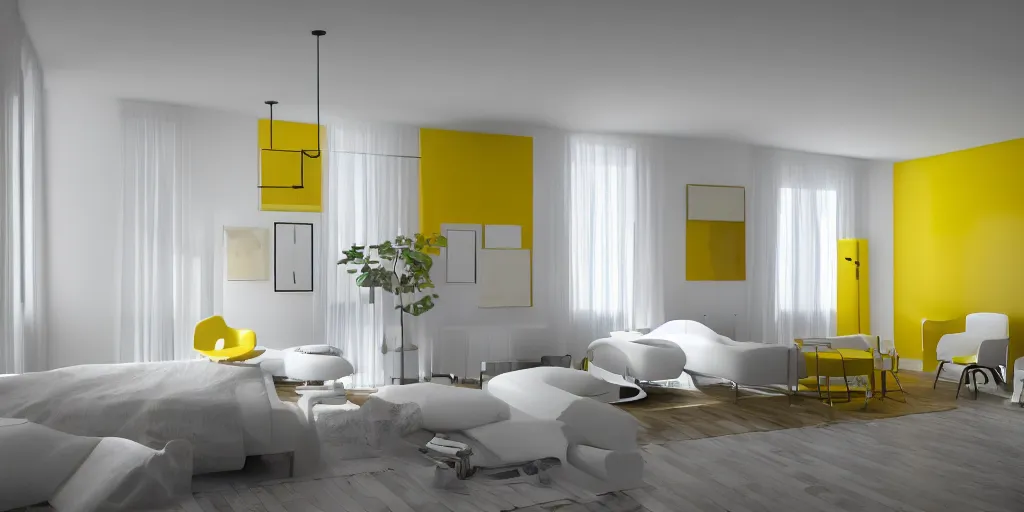 Prompt: photorealistic room, modern art, design minimal, white wall, yellow details, white wood and chrome furnitures, octane render, highly detailed, iper realistic, diffusion light, 15mm lens