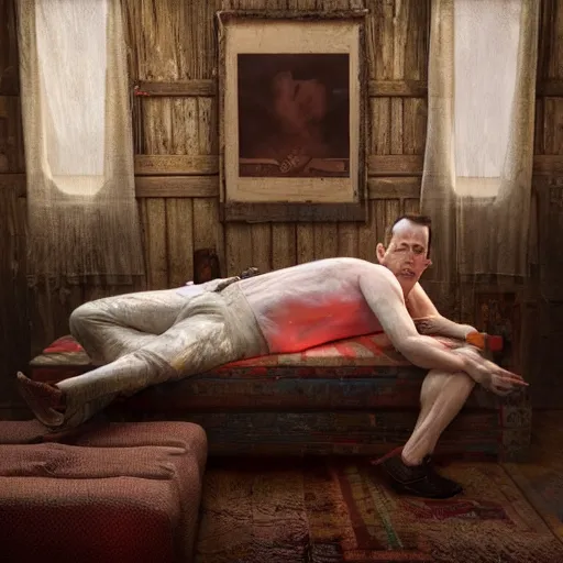 Image similar to hyperrealistic mixed media high resolution painting of the severed head of Peewee Herman resting upon a magnificent mantle in an old cabin, stunning 3d render inspired art by István Sándorfi and Greg Rutkowski and Unreal Engine, perfect facial symmetry, dim volumetric lighting, 8k octane beautifully detailed render, full body shot, post-processing, extremely hyper-detailed, intricate, epic composition, highly detailed attributes, highly detailed atmosphere, cinematic lighting, masterpiece, trending on artstation, very very detailed, masterpiece, stunning, flawless structure, lifelike texture, perfection,