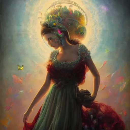 Prompt: Inspired Tom Bagshaw, ultra realist soft paint of a curiosity carnival with mushrooms and butterflies, beautiful old female in full long dress, focus, very intricate details, ominous sky, rainbow lighting, volumetric clouds, god rays