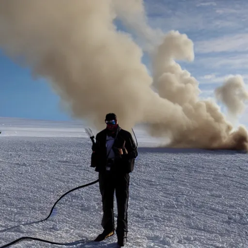 Prompt: evil man in a suit using a flamethrower emitting black smoke in Antarctica