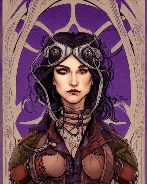 Prompt: a detailed portrait illustration of a steampunk rogue - mage. beautiful transgender face. art nouveau, pop art, comic book style. influenced by neil gaiman, h. p. lovecraft, dan mumford, brian froud, vadim voitekhovitch, killian eng, ross tran.