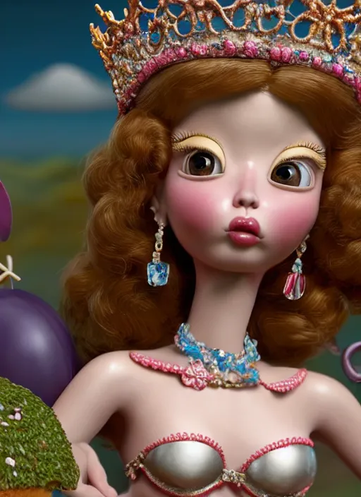 Image similar to highly detailed closeup, face profile portrait of a tin toy fairytale princess wearing a crown eating cakes, bikini, unreal engine, by nicoletta ceccoli, mark ryden, lostfish, dan decarlo, bob clampett, max fleischer, global illumination, detailed and intricate environment