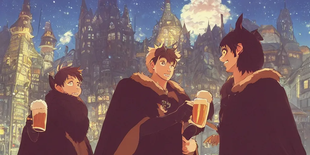 Image similar to a two german shepherds beast - men, holding a mug of beer, a lot of pockets, fur cape, tavern background, magical, bright, colorful, fantastic lighting, amazing details, 4 k uhd, illustration by hayao miyazaki and makoto shinkai and ilya kuvshinov, artstation, pixiv,