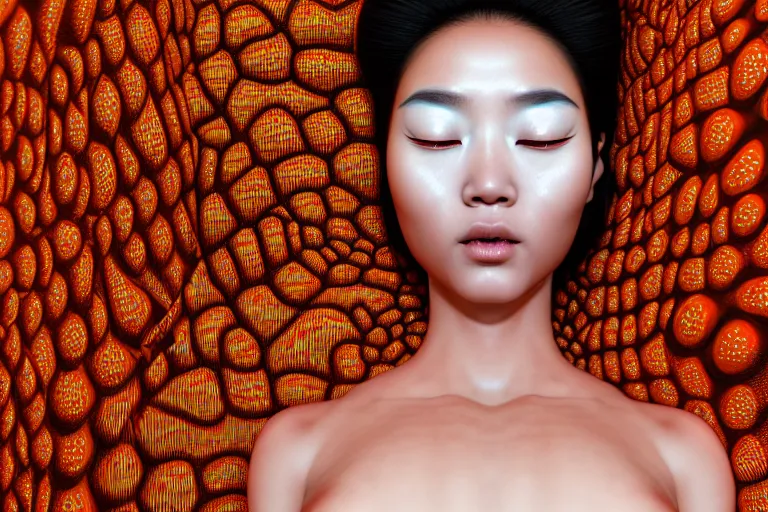 Image similar to realistic detailed image of a geisha laying down in a padded room, conjuring psychedelic background, part by yayoi kusama, part by ross tran, part by james jean, ultra realistic, highly detailed, life like face, detailed body, 8 k, octane render, trending on artstation, very cohesive, masterpiece