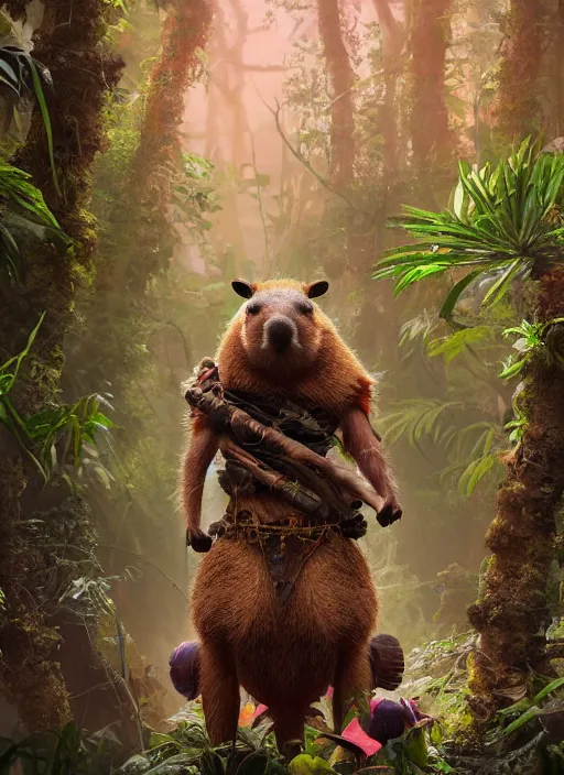 Image similar to detailed full body concept art illustration matte painting of an anthropomorphic capybara forest warrior in full intricate colorful clothing, ultra detailed, digital art, octane render, 8K, dystopian, biomutant, micro details