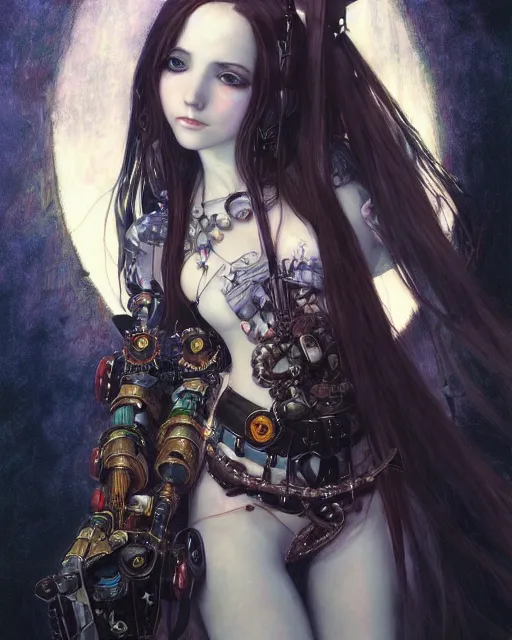 Image similar to portrait of cute beautiful young gothic maiden, cyberpunk, Warhammer, highly detailed, artstation, illustration, art by Gustav Klimt and Range Murata