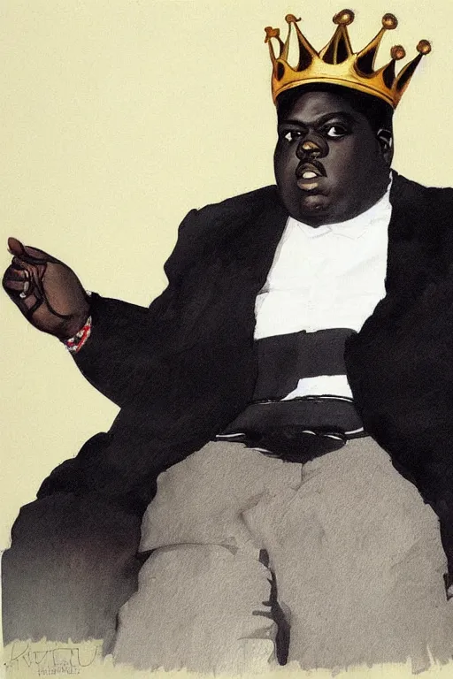 Image similar to portrait of biggie smalls with kings crown and royal outfit, modern, eclectic, illustration, by ramon casas