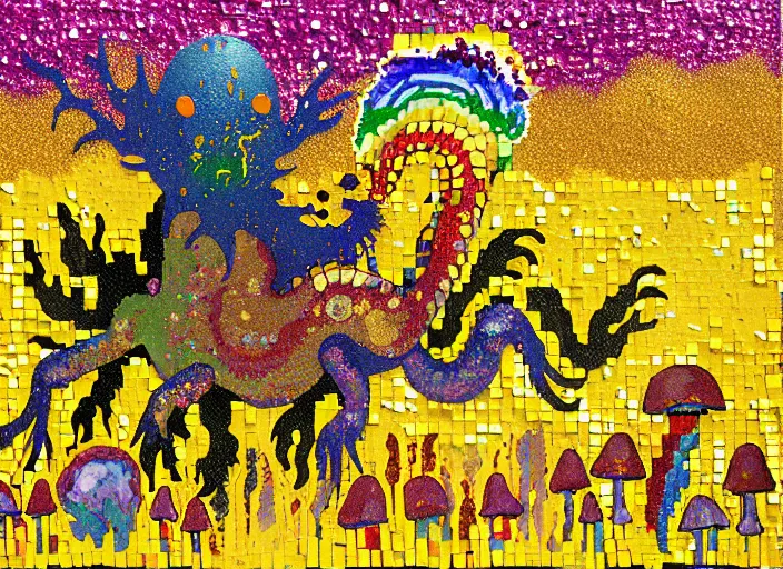 Image similar to expressionistic pixelated decollage painting golden armor alien zombie horseman riding on a crystal bone dragon broken rainbow diamond maggot horse in a blossoming meadow full of colorful mushrooms and golden foil toad blobs in a golden sunset, distant forest horizon, painted by Mark Rothko, Helen Frankenthaler, Danny Fox and Hilma af Klint, graffiti buff, pixel mosaic, semiabstract, color field painting, byzantine art, pop art look, naive, outsider art, very coherent symmetrical artwork. Bekinski painting, part by Philip Guston and Adrian Ghenie, art by George Condo, 8k, extreme detail, intricate detail, masterpiece