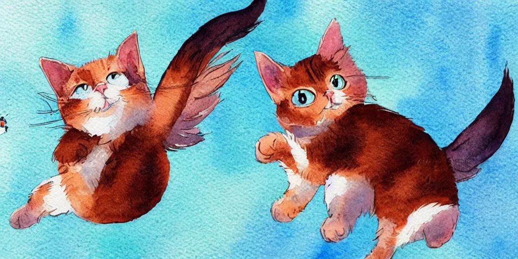 Image similar to watercolor illustration style, flying cute cats with tiny blue wings